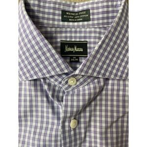 Neiman Marcus Mens Dress Shirt 16 34/35 Purple Gingham Check Wrinkle Free Cotton